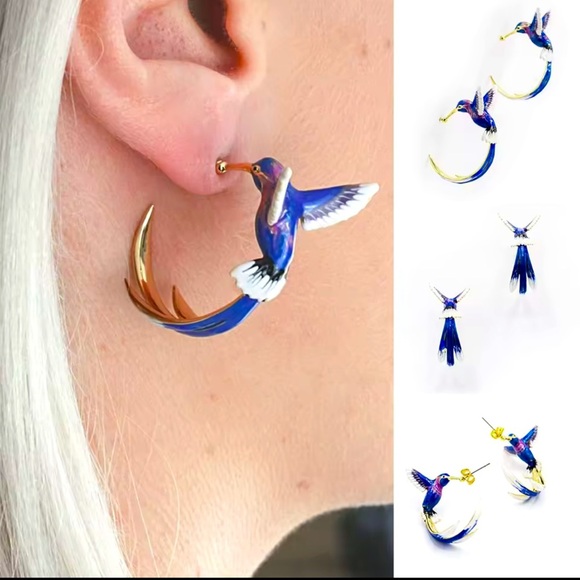 Enamel Hummingbird Earrings โ Statement Bird Jewelry - Picture 2 of 4